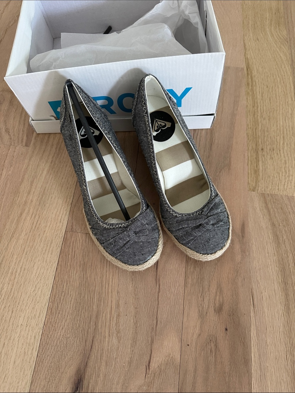 Roxy Gray Canvas Espadrille Wedge Flats